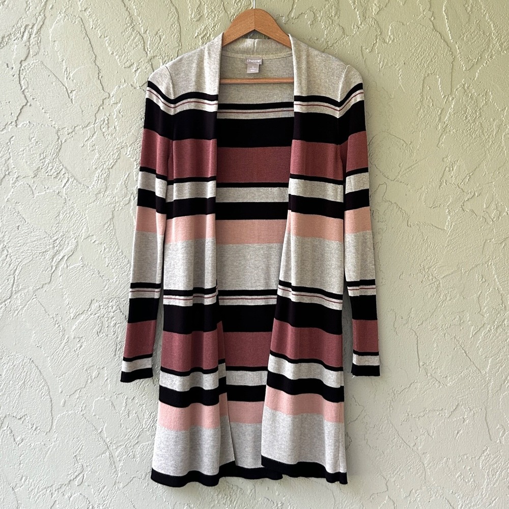 Chico's Women's 0 Brown Small Multicolor Stripe Open Front Long Duster Cardigan